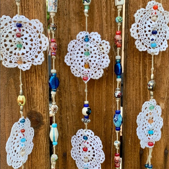 Driftwood Crochet Boho Flowers Of Life Glass Beads Sea Rocks Window Wall Decor - Picture 8 of 15